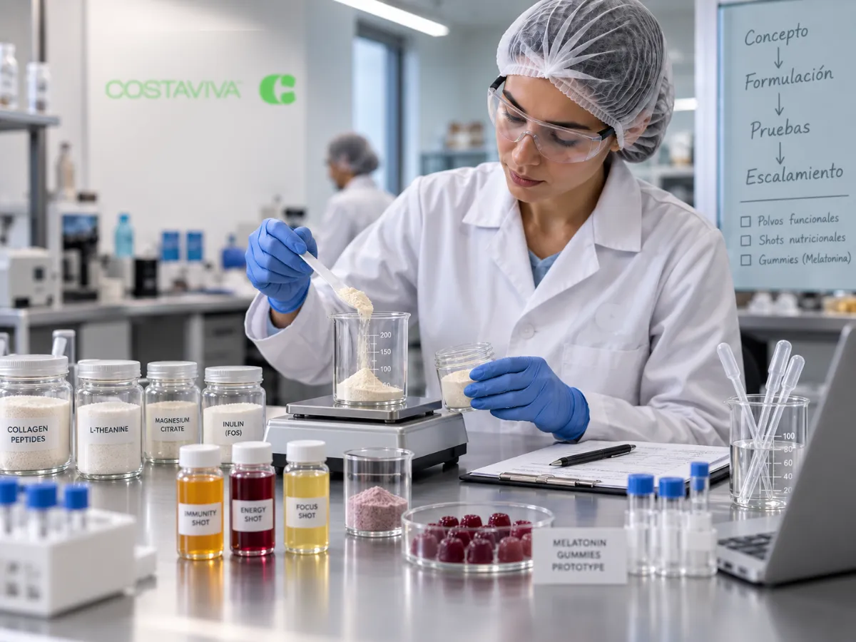 Especialista de laboratorio pesando un ingrediente en polvo en una balanza, rodeada de frascos de insumos y muestras de producto