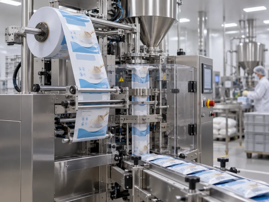 Línea de envasado vertical formando y llenando bolsas de producto en polvo, con las bolsas selladas saliendo por la cinta